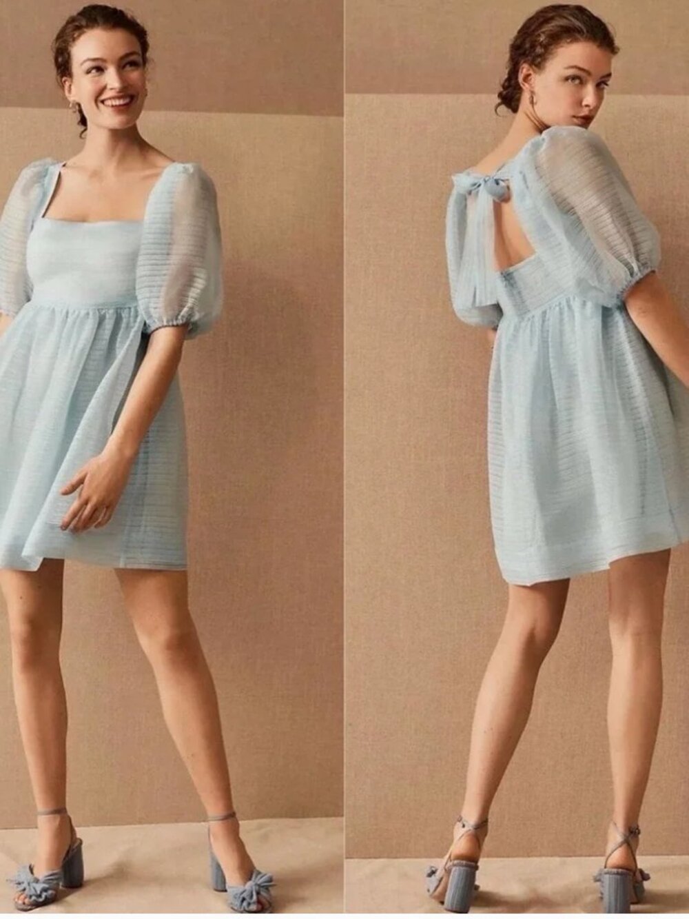 BHLDN Free People Organza Mini Dress Babydoll Puff Short Sleeves Sky Blue 14